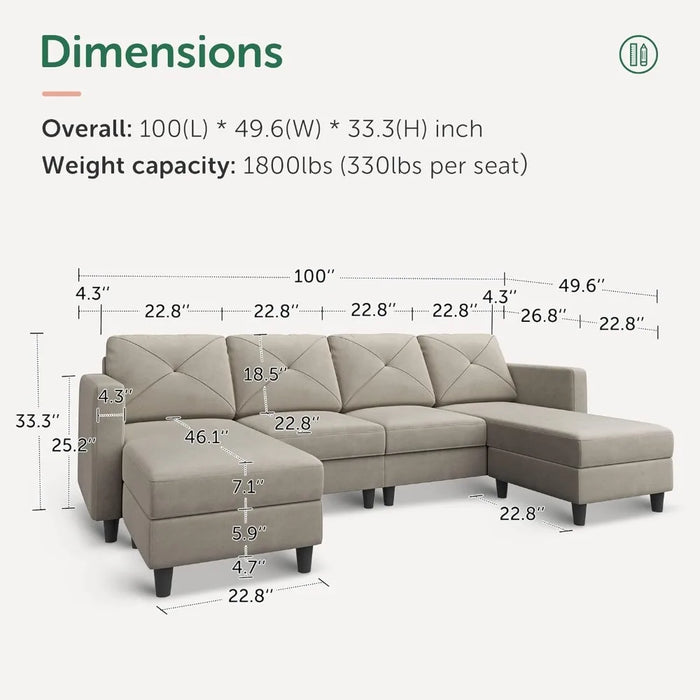 U Shaped Sectional Sofa Convertible Couch with Double Chaises 4 Seat Sofa with Ottomans for Living Room, Velvet Light Grey