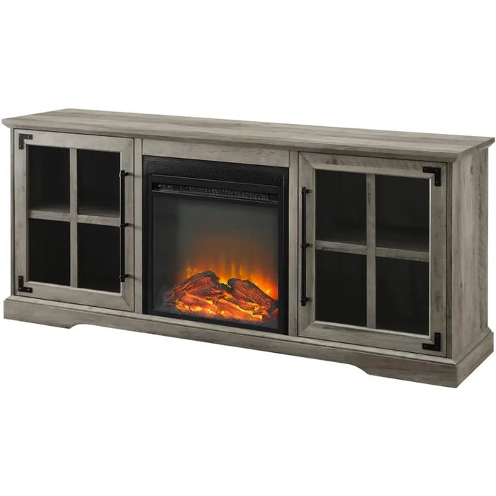 TV cabinet, wooden and glass fireplace TV stand with 2 cabinet doors, suitable for gray TVs up to 65 inches and 60 inches
