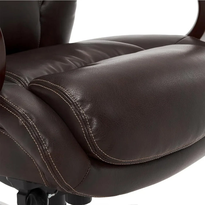 Bellamy Executive Office Chair with Memory Foam Cushions, Solid Wood Arms and Base, Waterfall Seat Edge, Bonded Leather, Brown