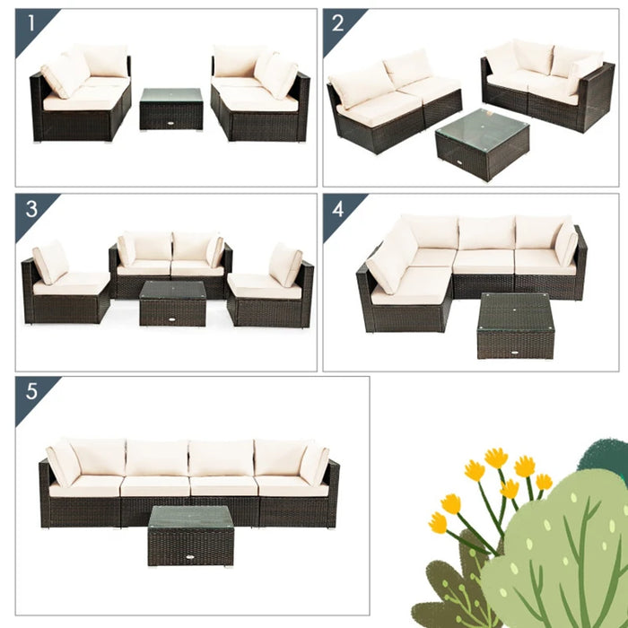 5 Pieces Cushioned Patio Rattan Furniture Set with Glass Table Garden Outdoor Table and Chairs Set
