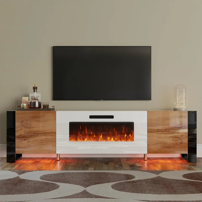 70" Fireplace TV Stand, High Gloss Entertainment Center with LED Lights, Modern Entertainment Stand for TVs up to 80", Black