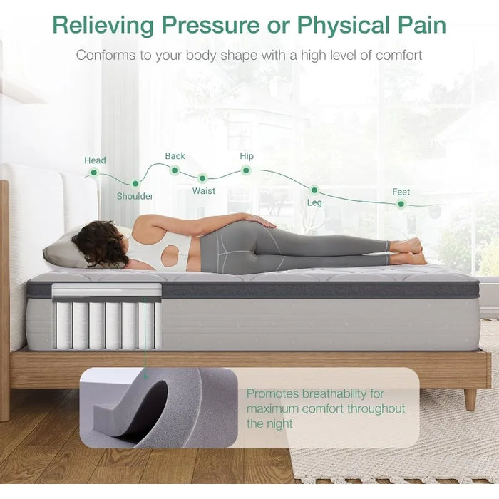 King 12 Inch Hybrid Mattress with Bamboo Charcoal Foam, Innerspring Pillow Top Mattress for Pressure & Pain Relief, Soft Feel