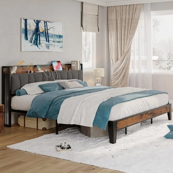 Bed Frames with Storage and Charging Station, Solid and Stable, Noise Free King Size Bed Frames