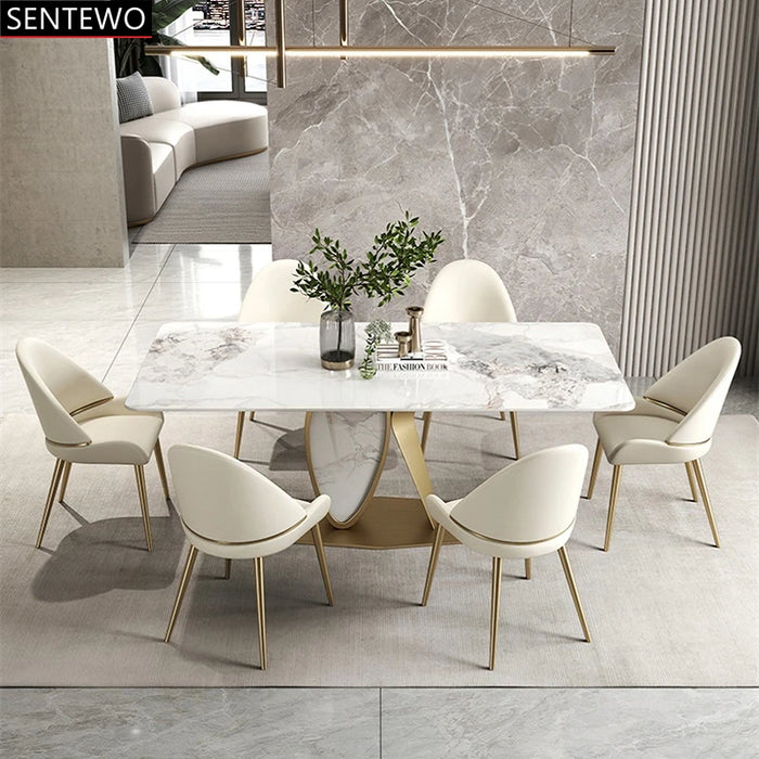 Luxury Rock Slab Kitchen Dining Table 8 Dinner Chairs Metal Titanium Gold Base Faux Marble Table Chair Set Meuble De Cuisine