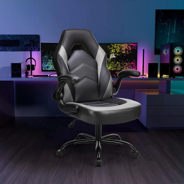 Office Ergonomic Computer Gaming Desk Racing Chair for Adults, Flip-up Arms Adjustable Height PU Leather Swivel with Wheel