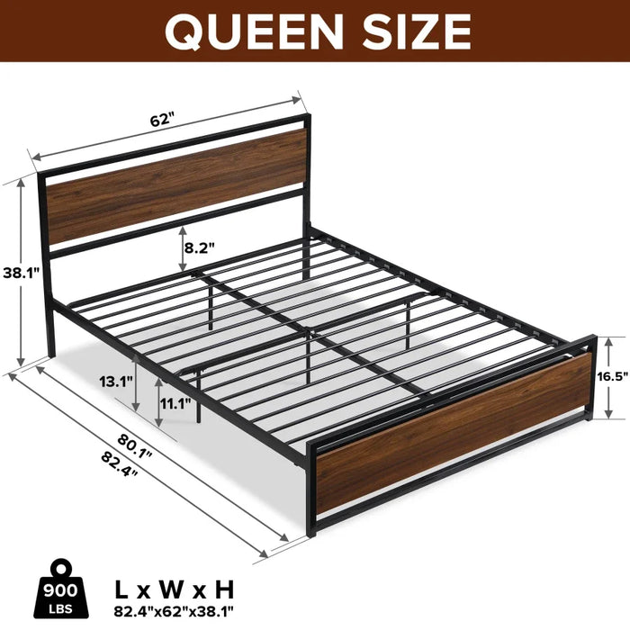 Industrial style platform large bed frame, with headboard and foot board, single bed, comfortable double bed, frame bed