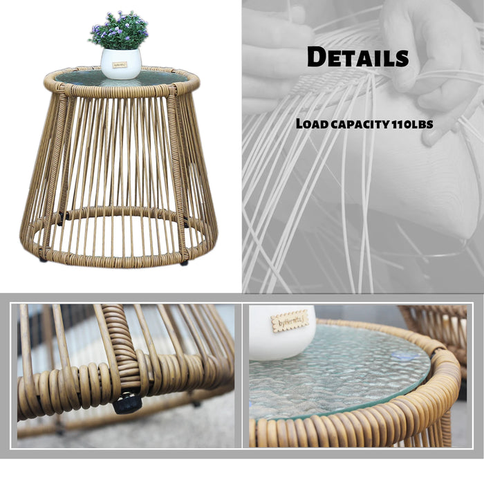 3PCS Outdoor Patio Furniture Set Balcony L Shape Natural Color PE Wicker Sofa Set with Beige Cushion,Round Tempered Glass Table