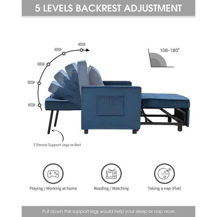 Convertible Sleeper Chair Bed 3 in 1, Adjustable Recliner,Armchair, Sofa, Bed, Flannel, Dark Blue, Single One