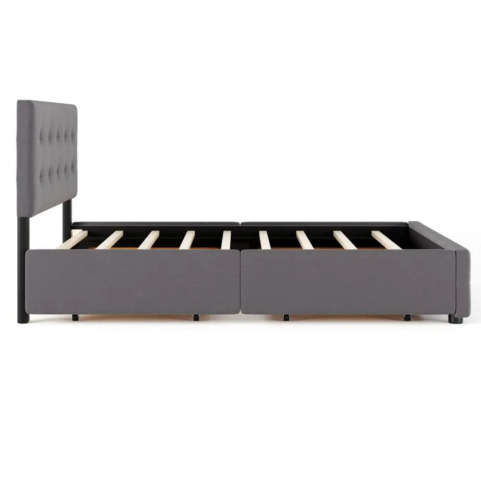 Upholstered Platform Bed with Classic Headboard and 4 Drawers, No Box Spring Needed, Linen Fabric, Queen Size - 3 Colors