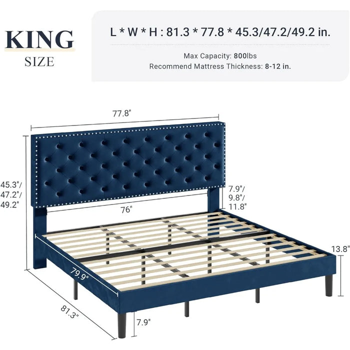King size bed frame, velvet padded platform bed with adjustable diamond button tufting and nail head decoration headboard, bed