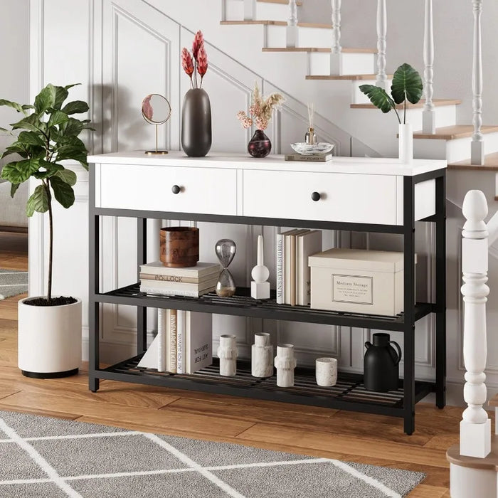 Senfot Console Table, Entryway Table with 2 Drawers and 2 Tiers Shelf Hallway Table, Entrance Table with Metal Frame, Sofa Table