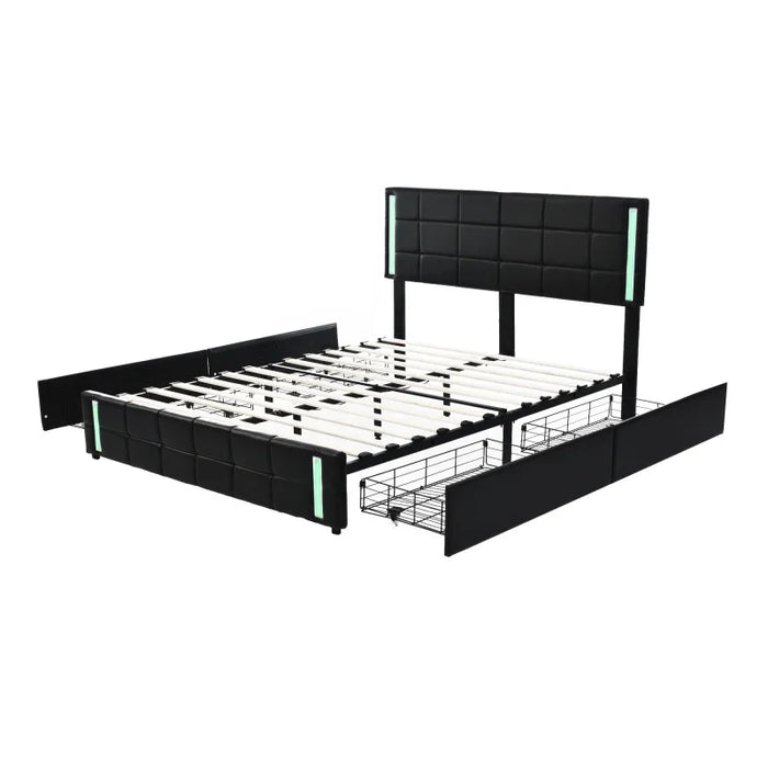 Platform Bed with LED Lights and USB Charging, Storage Bed with 4 Drawers, Black