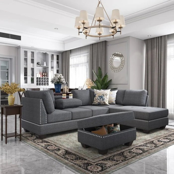 104.5" Reversible Sectional Sofa with Storage Ottoman Rivet Ornament L-shape Couch for Apartment
