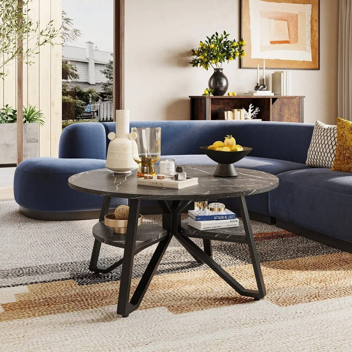 Coffee Table Round Marble Furniture with Storage Sturdy Metal Legs Living Room