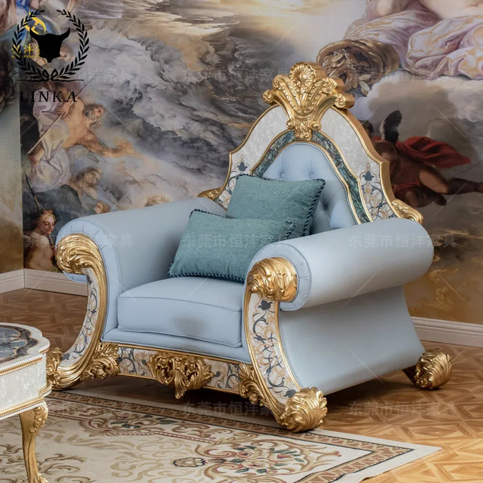 French  Luxury Shell Mosaic  and Tea Table Combination European Fabric Solid Wood Carved Sofa  FurnitureCloth art embroidery