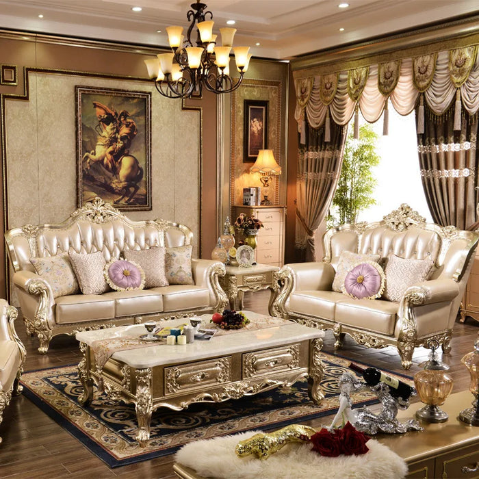 European Leather Sofa High-end  Art Combination Luxury Solid Wood Villa Gold Leaf Palace  Arge Apartment  Living Room Furniture