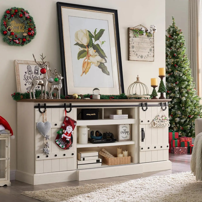 OKD 75" Farmhouse TV Stand for TVs Up to 85 Inches, Large Rustic Entertainment Center with Sliding Barn Door, Tall Highboy
