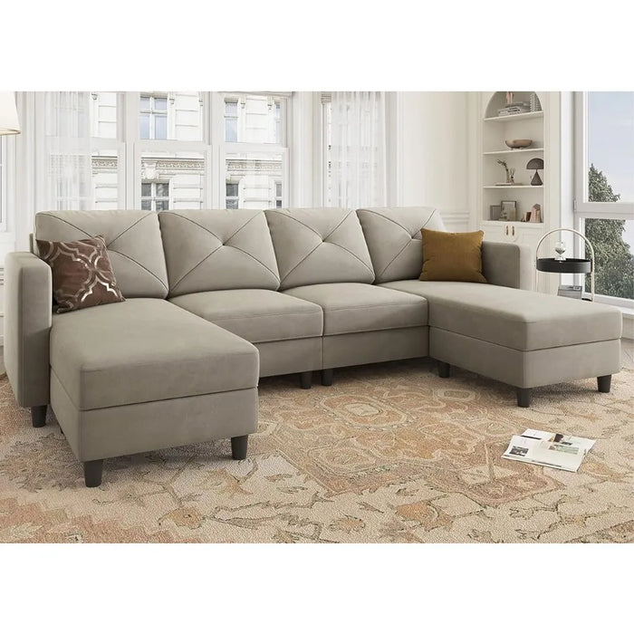 U Shaped Sectional Sofa Convertible Couch with Double Chaises 4 Seat Sofa with Ottomans for Living Room, Velvet Light Grey