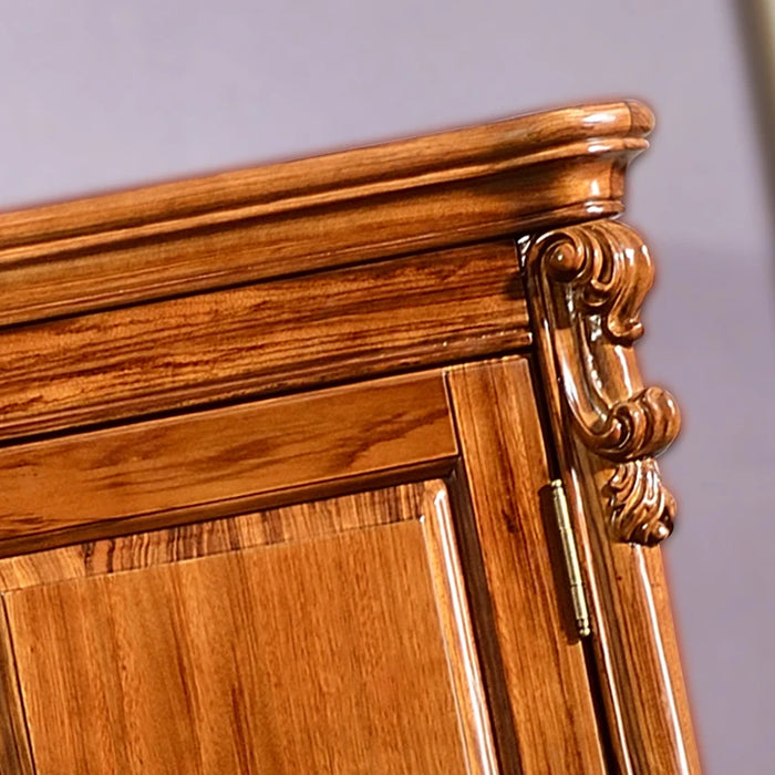 Carved Villa Luxury Large Wardrobe, Dark Gold Wood Solid Wood Four Doors