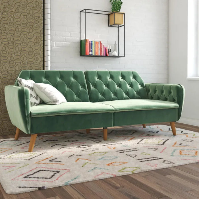 Novogratz Tallulah Memory Foam Futon and Sofa Bed, Light Green Velvet living room furniture  minimalist sofa