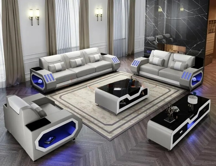 MANBAS Leather Sofa Set with LED Light Living Room Furniture Couch Sofas Modernos Para Sala Grandes Sofás with USB Charging,Tabl