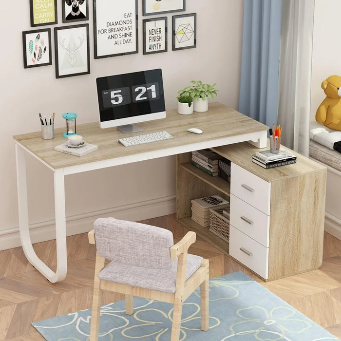 Homsee Home Office Computer Desk Corner Desk with 3 Drawers and 2 Shelves, 55 Inch Large L-Shaped Study Writing Table
