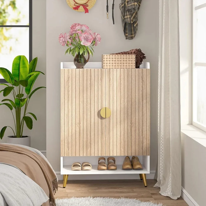 Shoe Storage Cabinet With Adjustable Shelves Closet Living Room Shoes Organizer Hallway Shoerack Furniture Wood and Gold