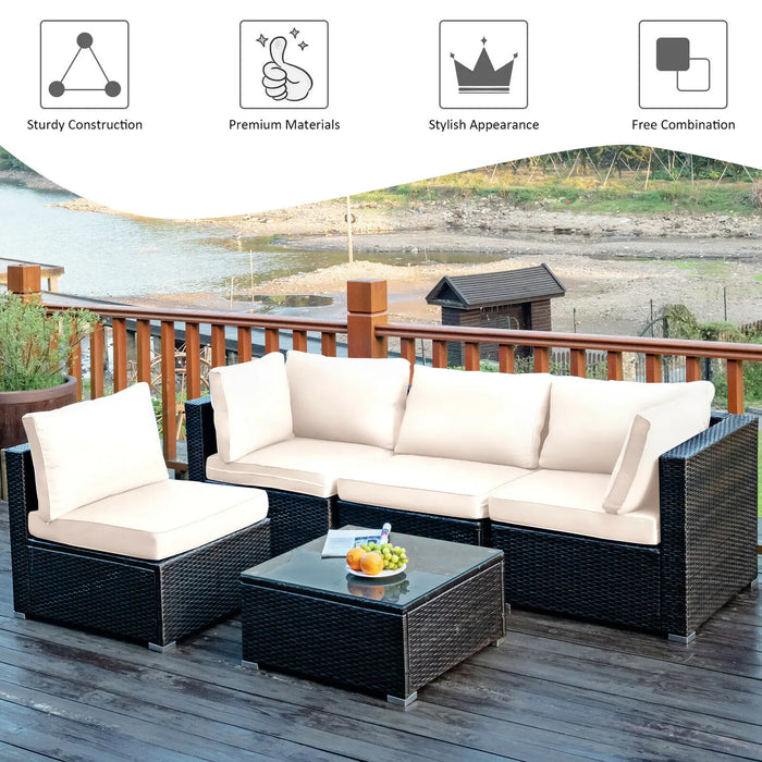 5PCS Patio Rattan Furniture Set Cushioned Sofa Chair Coffee Table HW67243