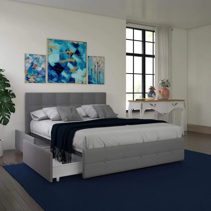 Upholstered Platform Bed With Underbed Storage Drawers and Button Tufted Headboard and Footboard King Size Bed Frame Queen Home
