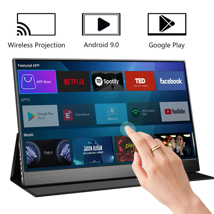 15.6 Wireless Touchscreen Smart Portable Monitor Android 9.0 IPTV APP Store Google Play Bluetooth Remote Control Voice Assistant