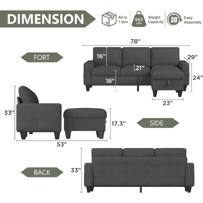 Convertible Sectional Sofa L-Shaped Couch, Couches with Reversible Chaise, 3-Seat Modern Linen Sectional Couches for Living Room