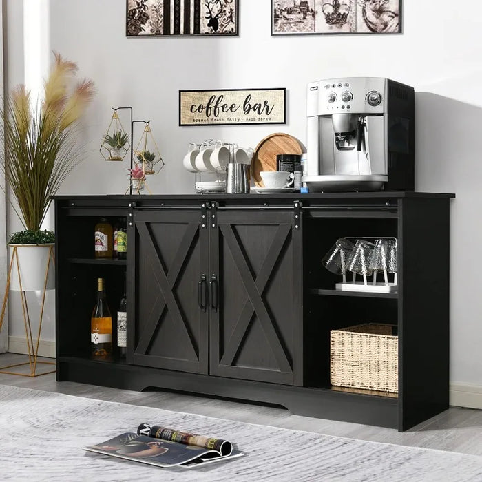 Coffee Bar Cabinet, 59" Sideboard Buffet Cabinet ，Sliding Barn Doors Black Buffet Serving Table Cupboard for Dinning Room