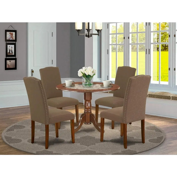 5 Piece Room Furniture Set Includes a Round Dining Table with Dropleaf and 4 Dark Coffee Linen Fabric  42x42 Inch
