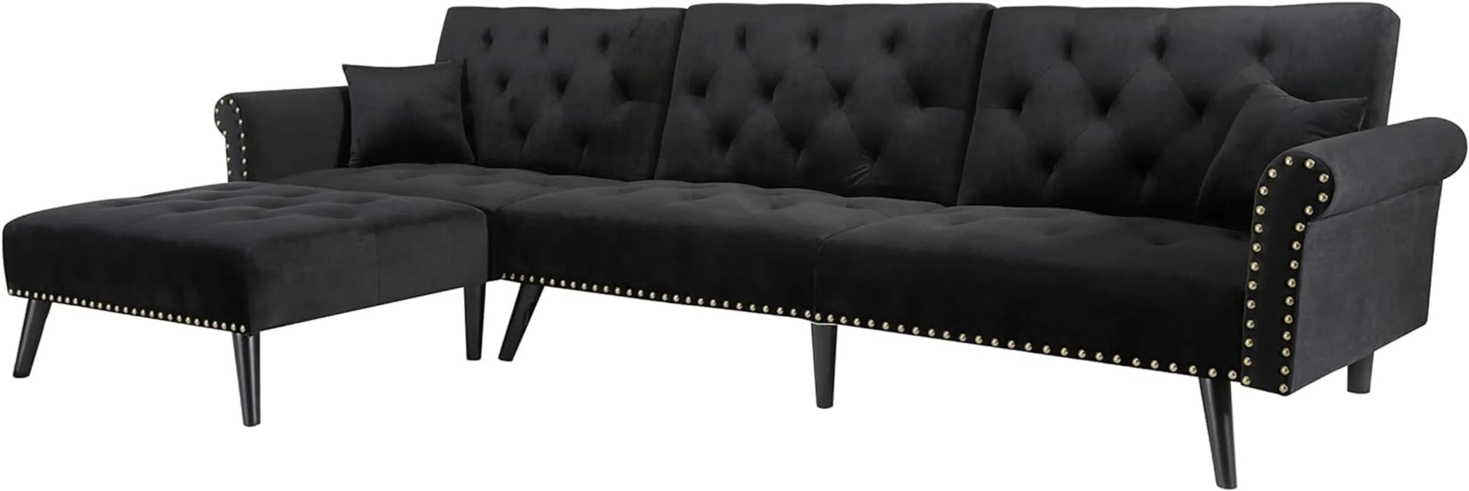 KoiHome Sectional Sofa Right Hand Facing Velvet Button Tufted L Shape Chaise with Nail Head Detail Conical Wood Leg 2 Pillows