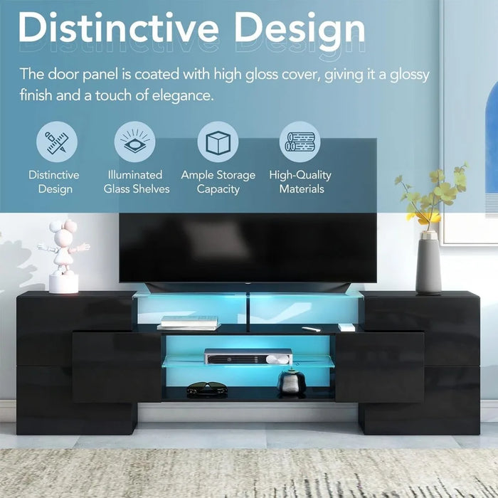 Appot AT-SD000016AAB Stand with 2 Illuminated Glass Shelves, High Gloss Entertainment Center for TVs Up to 80", Black