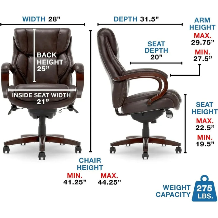 Bellamy Executive Office Chair with Memory Foam Cushions, Solid Wood Arms and Base, Waterfall Seat Edge, Bonded Leather, Brown