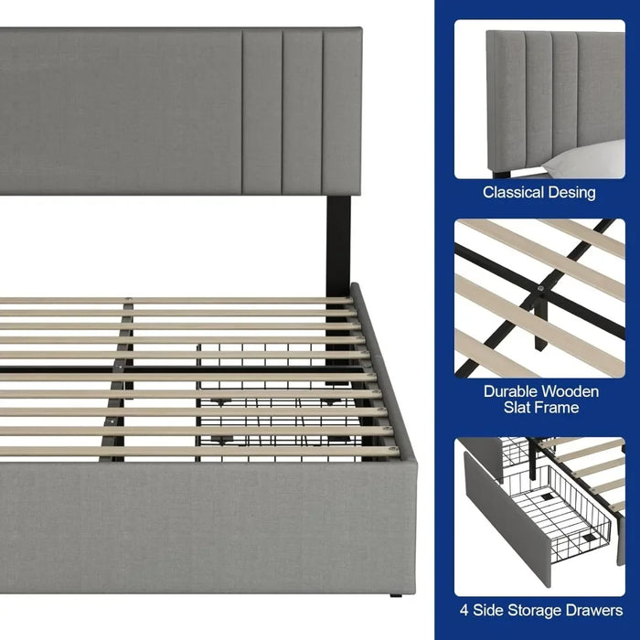 Bed Frame, Upholstered Large with 4 Storage Drawers and Adjustable Headboard, Sturdy Plank Support, Platform Bed Frame