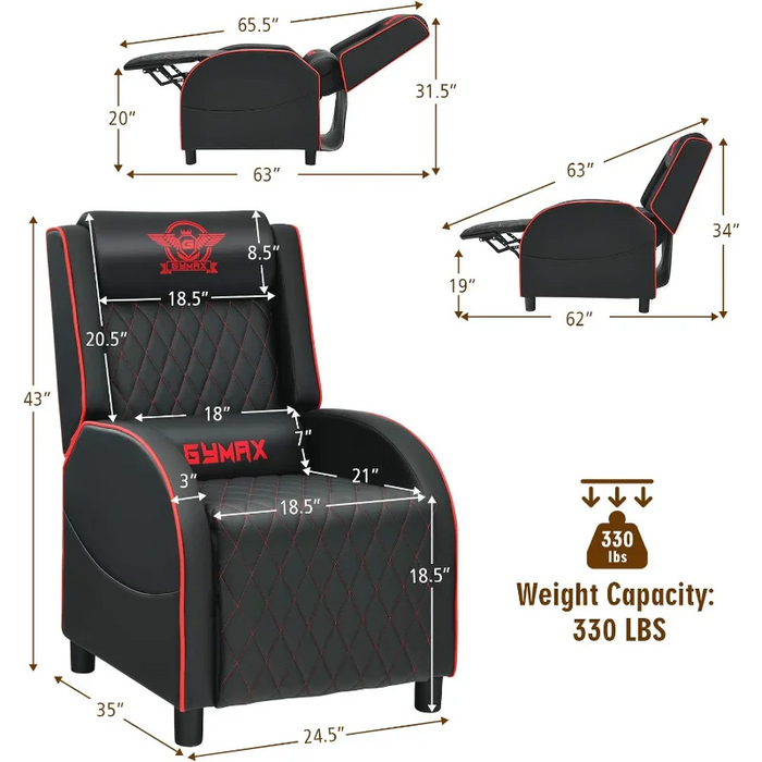 GYMAX Massage Gaming Recliner Chair, Ergonomic Racing Style Single Sofa with Adjustable Headrestg Room Office (Red)