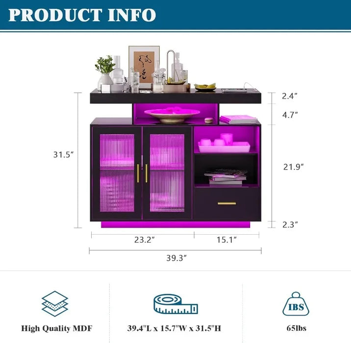 39.4" Modern LED Sideboard Buffet Cabinet with Charging Station, High Glossy Cupboard with Body Sensor Light, Coffee Bar Cabinet
