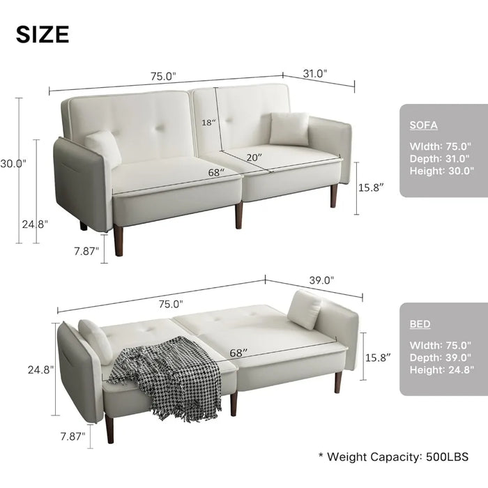Convertible Futon Sofa Bed Sleeper Couch Folding  Living Room Linen Upholstered 75 INCH with Armrest & 2 Pillows & 3 Backrest