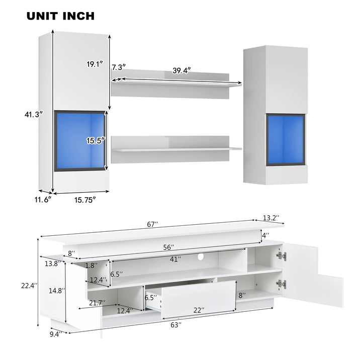 5 Pieces Floating Functional TV Stand Set for 75+ in. TV, Wall Mounted Entertainment Center with 16-color LED Light Strips