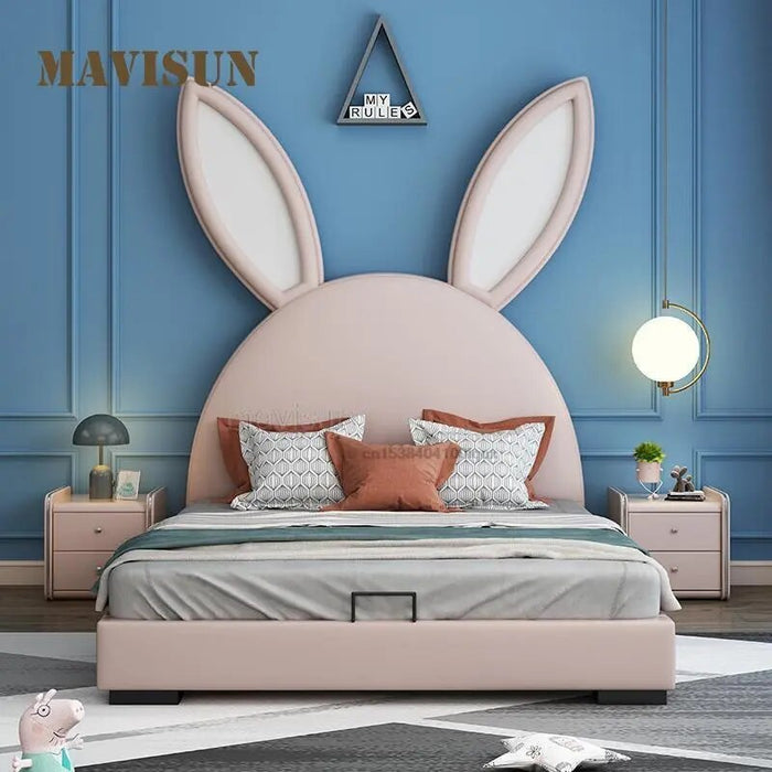 Cartoon Rabbit Children's Bed Girls Liked 1.2m 1.5m Simple Style Solid Wood Bedroom Bed For Kids Space -Saving Home Furniture