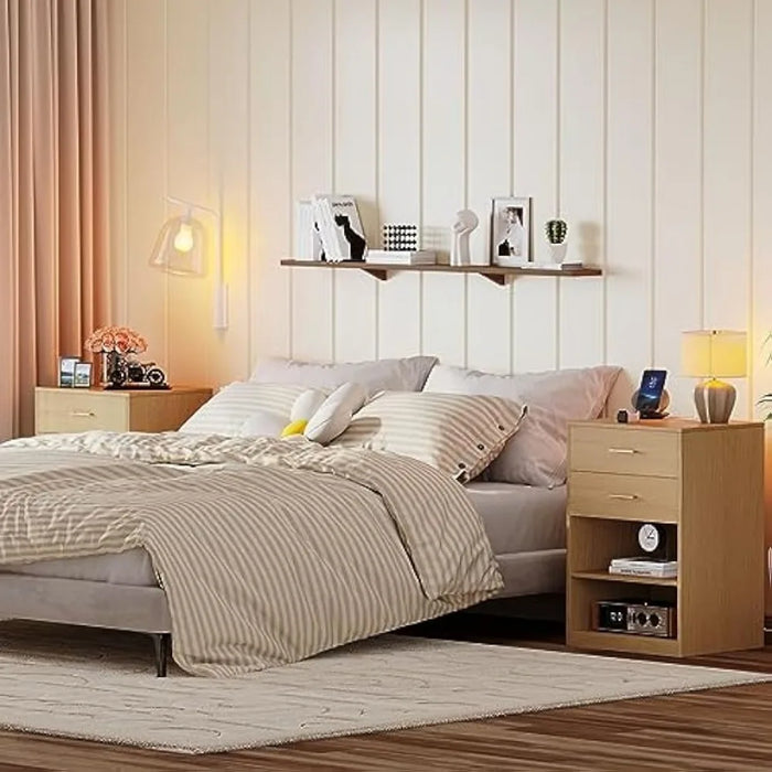 Irontar Nightstands Set of 2, Nightstand with Charging Station, Bedside Table with Removable Shelf, Side Table with Open Storage