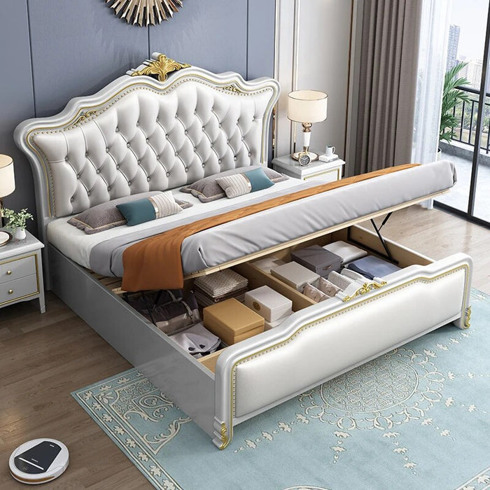 Royal European Double Bed Designer Whitr Villa Headboard Twin Bed Frame Wood Multifunctional Letto Matrimoniale Furniture