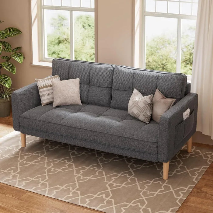 67" Sofa Couch,2 or 3 Seater Sofa with Comfort Back Pillows, Deep Seat and Solid Wood Legs,Loveseat Futon Couch for Living Rooms