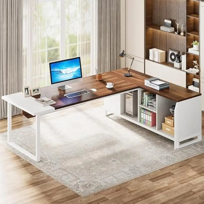 71" L Shaped Desk with 55" File Cabinet, Modern Executive Office Desk with Storage Shelves and Cabinet, Large L Shaped Executive