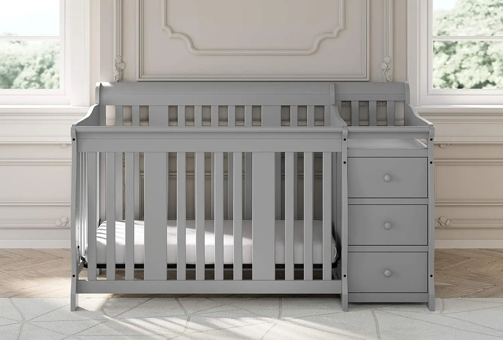 Storkcraft Portofino 5-in-1 Convertible Crib and Changer Combo (Pebble Gray) – Changing Table with Storage Drawe