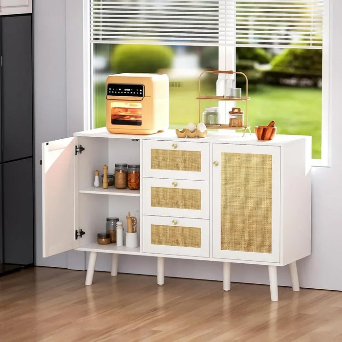 White Buffet Cabinet Living Room Rattan Door Sideboard Kitchen Cabinet With Drawers and Shelves Cabinets Locker Display