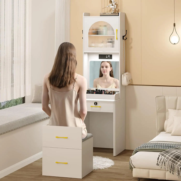 Small Vanity Desk with Mirror and Lights, White Makeup Vanity Table with Drawers for Small Space, Small Corner Vanity Desk Set D