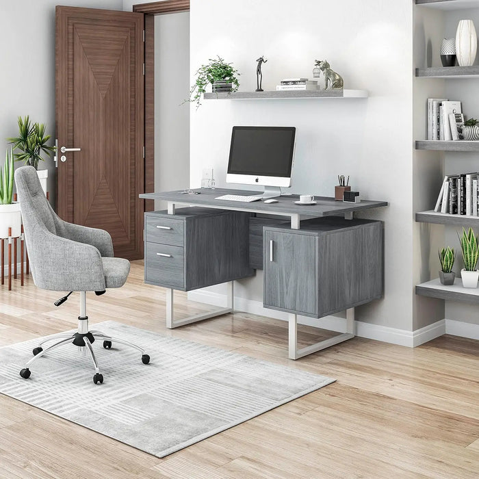 Modern Office Desk with Storage, Wide Home Office Computer Desk with Storage Cabinet and Hanging File Cabinet, Gray
